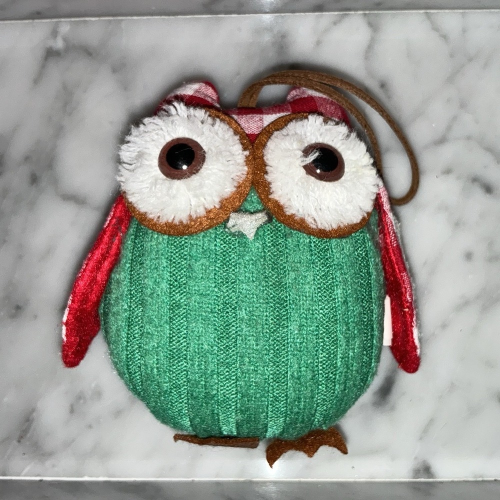 CHRISTMAS ORNAMENT OWL LEATHER STRAPS WHITE GREEN HOLIDAY‎ Plush